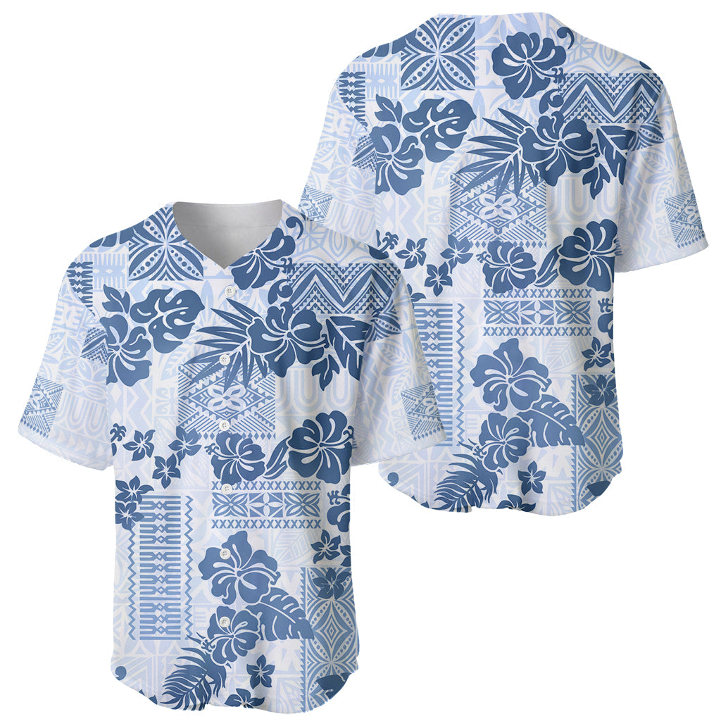 Vintage Hawaii Baseball Jersey Hibiscus Tapa Tribal With Hawaiian Quilt Pattern Blue LT9 - Wonder Print Shop