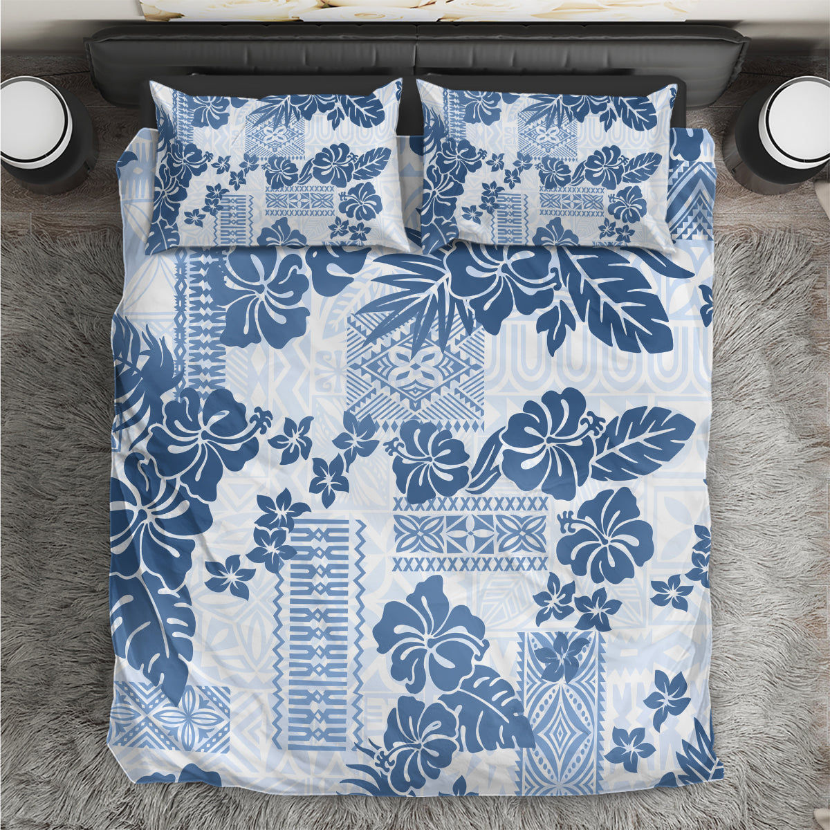 Vintage Hawaii Bedding Set Hibiscus Tapa Tribal With Hawaiian Quilt Pattern Blue LT9 - Wonder Print Shop