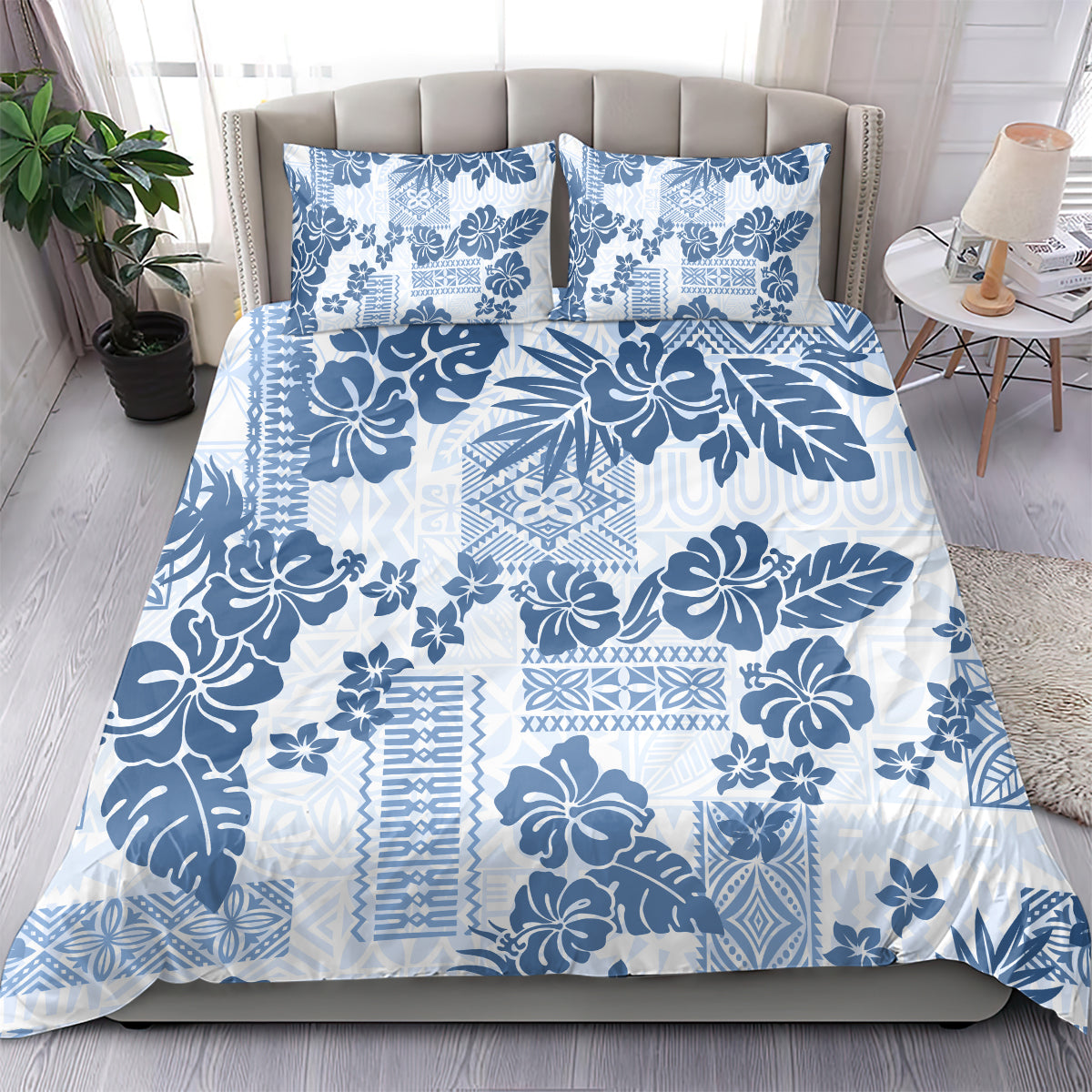 Vintage Hawaii Bedding Set Hibiscus Tapa Tribal With Hawaiian Quilt Pattern Blue LT9 - Wonder Print Shop