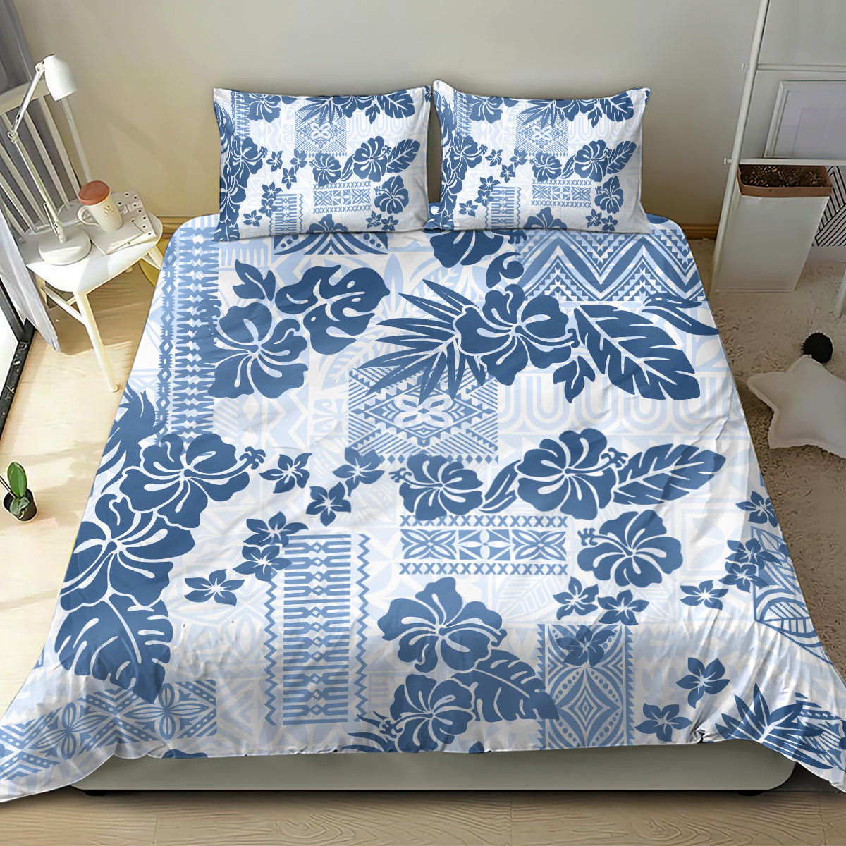 Vintage Hawaii Bedding Set Hibiscus Tapa Tribal With Hawaiian Quilt Pattern Blue LT9 - Wonder Print Shop