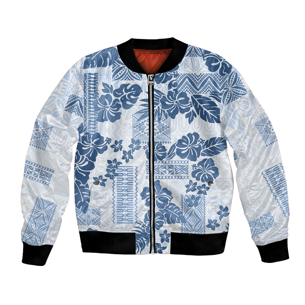 Vintage Hawaii Bomber Jacket Hibiscus Tapa Tribal With Hawaiian Quilt Pattern Blue LT9 - Wonder Print Shop