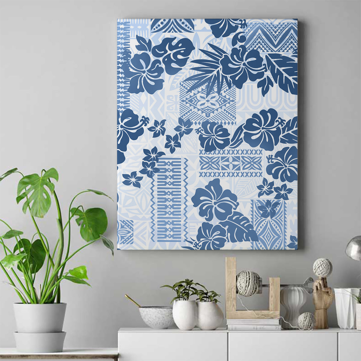 Vintage Hawaii Canvas Wall Art Hibiscus Tapa Tribal With Hawaiian Quilt Pattern Blue LT9 - Wonder Print Shop
