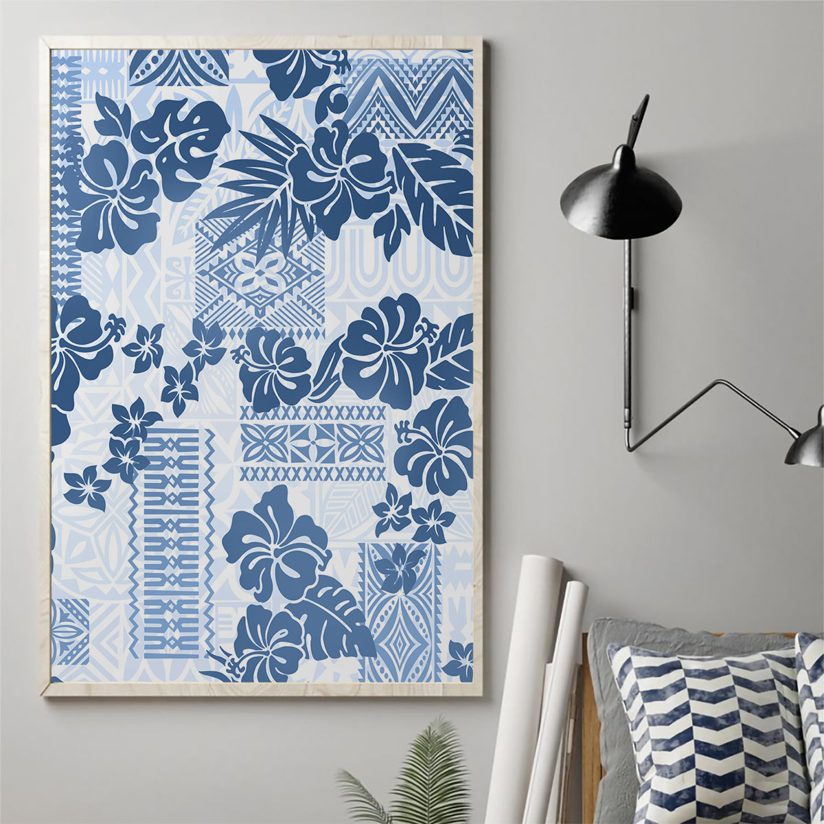 Vintage Hawaii Canvas Wall Art Hibiscus Tapa Tribal With Hawaiian Quilt Pattern Blue LT9 - Wonder Print Shop