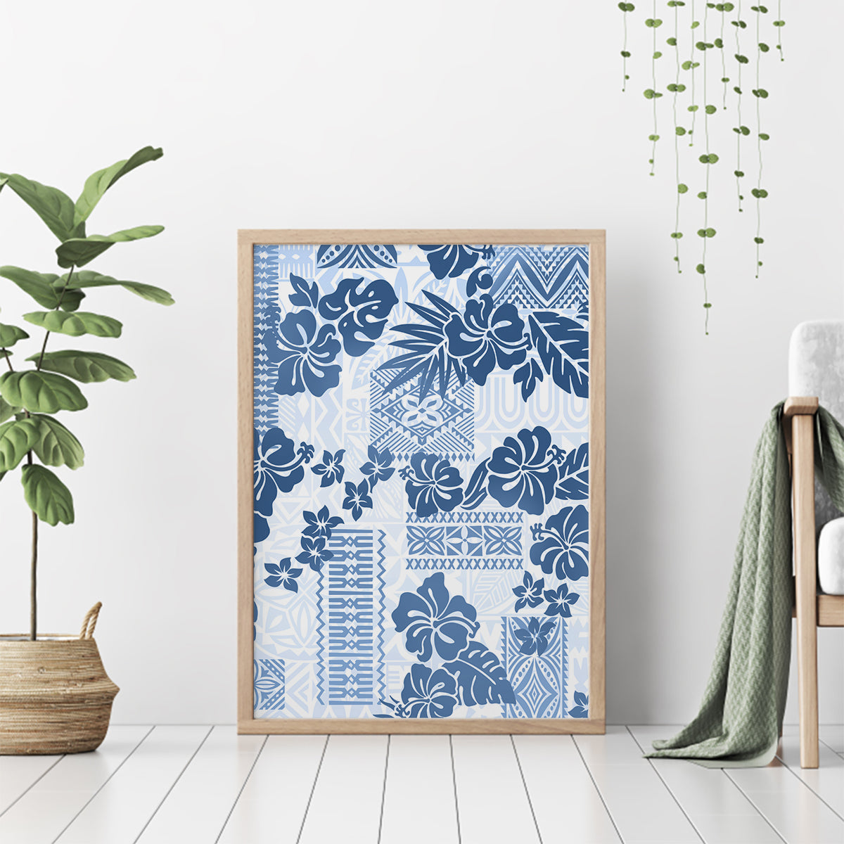 Vintage Hawaii Canvas Wall Art Hibiscus Tapa Tribal With Hawaiian Quilt Pattern Blue LT9 - Wonder Print Shop