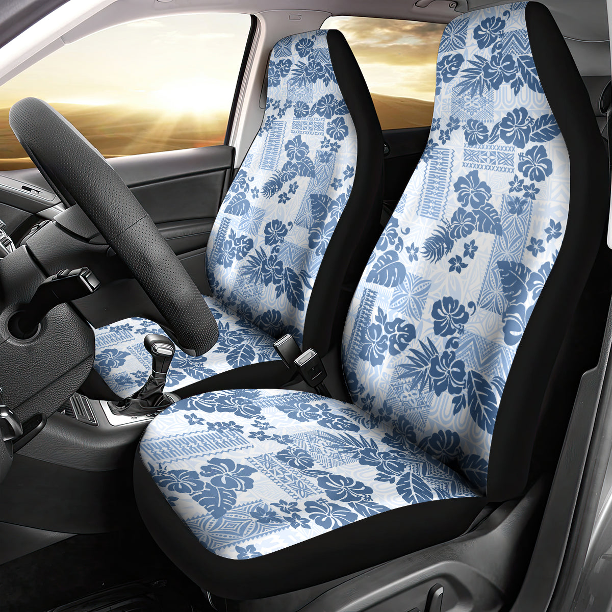 Vintage Hawaii Car Seat Cover Hibiscus Tapa Tribal With Hawaiian Quilt Pattern Blue LT9 - Wonder Print Shop