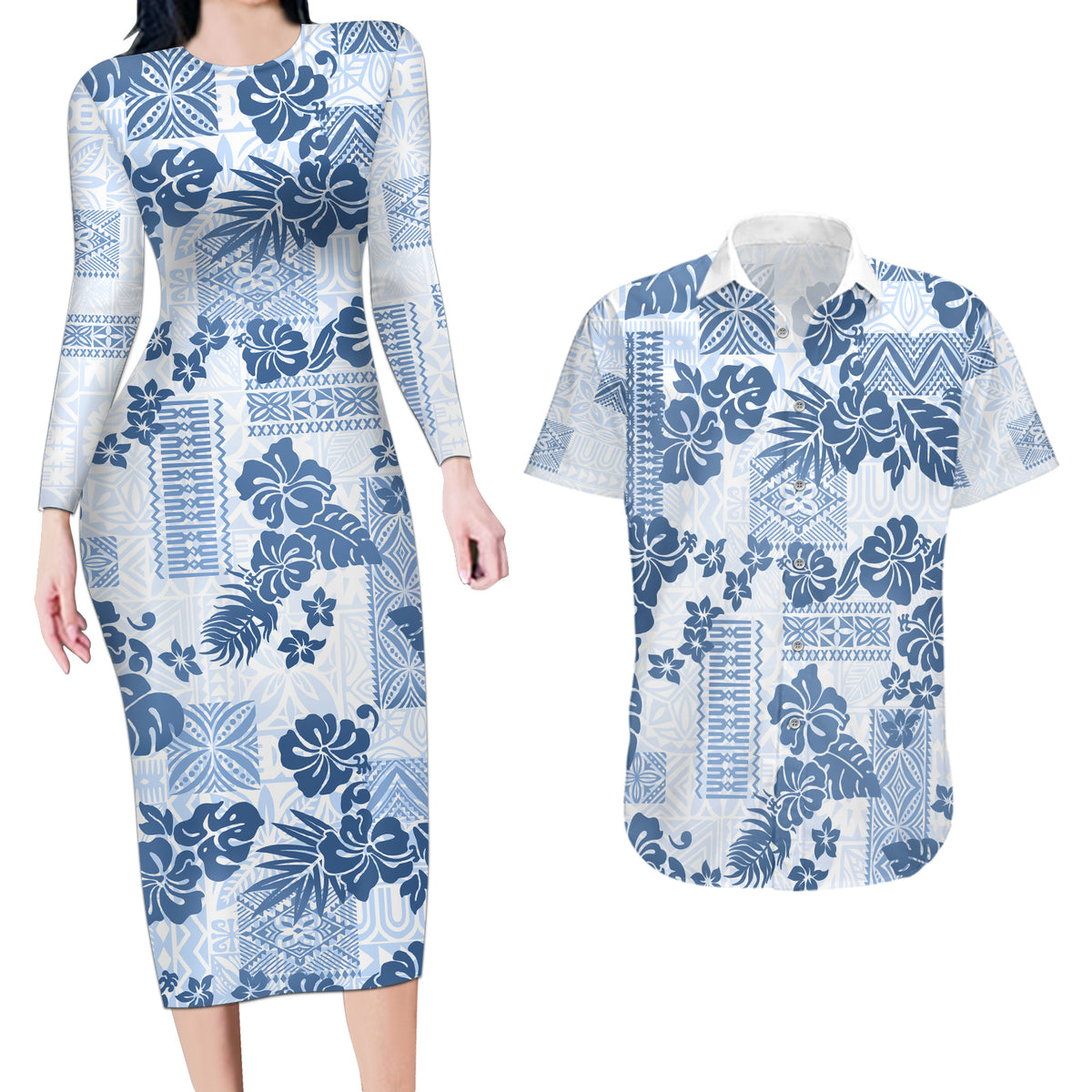 Vintage Hawaii Couples Matching Long Sleeve Bodycon Dress and Hawaiian Shirt Hibiscus Tapa Tribal With Hawaiian Quilt Pattern Blue LT9 - Wonder Print Shop
