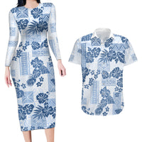 Vintage Hawaii Couples Matching Long Sleeve Bodycon Dress and Hawaiian Shirt Hibiscus Tapa Tribal With Hawaiian Quilt Pattern Blue LT9 - Wonder Print Shop