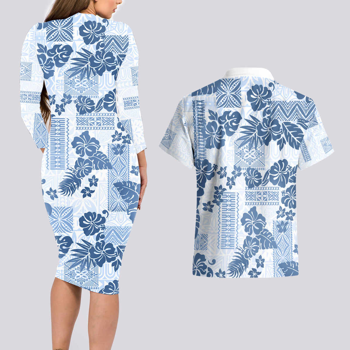Vintage Hawaii Couples Matching Long Sleeve Bodycon Dress and Hawaiian Shirt Hibiscus Tapa Tribal With Hawaiian Quilt Pattern Blue LT9 - Wonder Print Shop