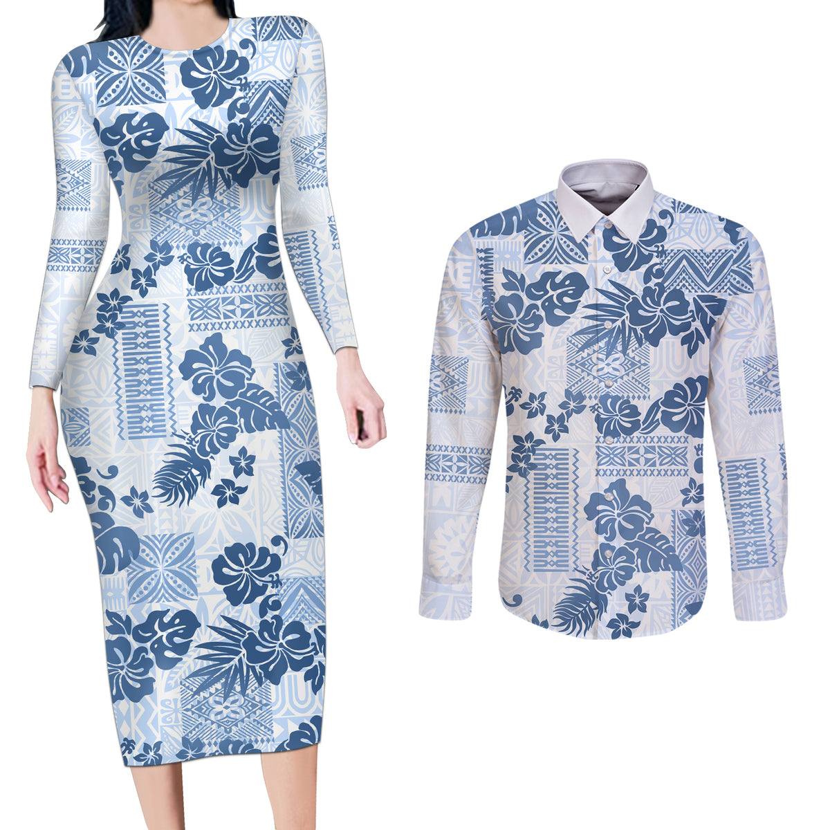 Vintage Hawaii Couples Matching Long Sleeve Bodycon Dress and Long Sleeve Button Shirt Hibiscus Tapa Tribal With Hawaiian Quilt Pattern Blue LT9 - Wonder Print Shop