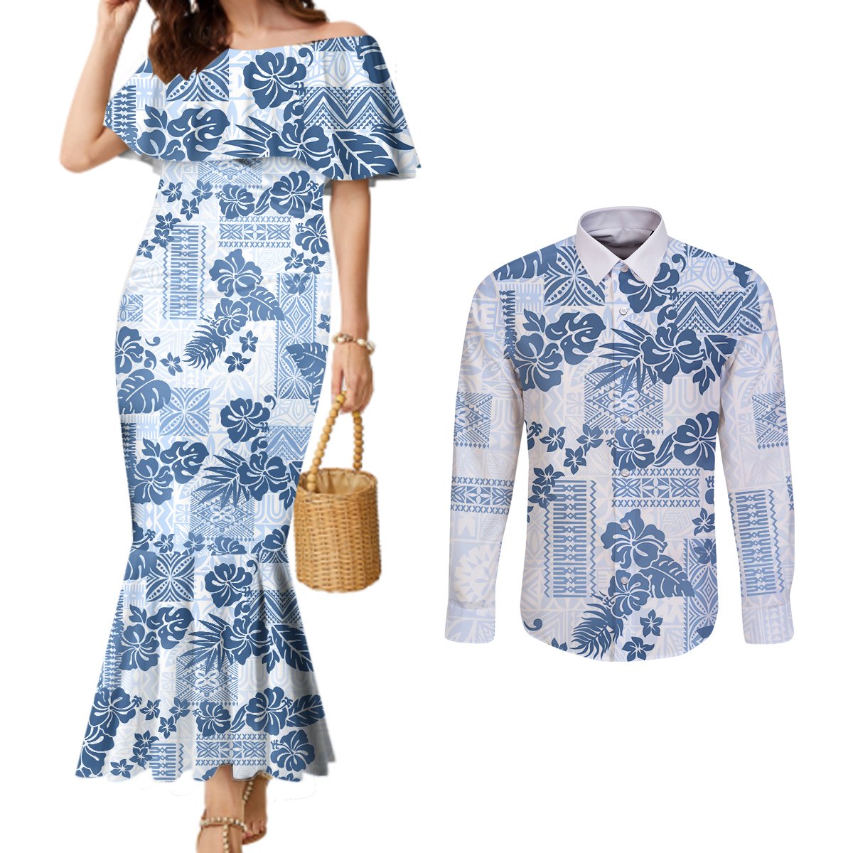 vintage-hawaii-couples-matching-mermaid-dress-and-long-sleeve-button-shirt-hibiscus-tapa-tribal-with-hawaiian-quilt-pattern-blue