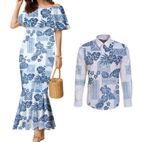 vintage-hawaii-couples-matching-mermaid-dress-and-long-sleeve-button-shirt-hibiscus-tapa-tribal-with-hawaiian-quilt-pattern-blue