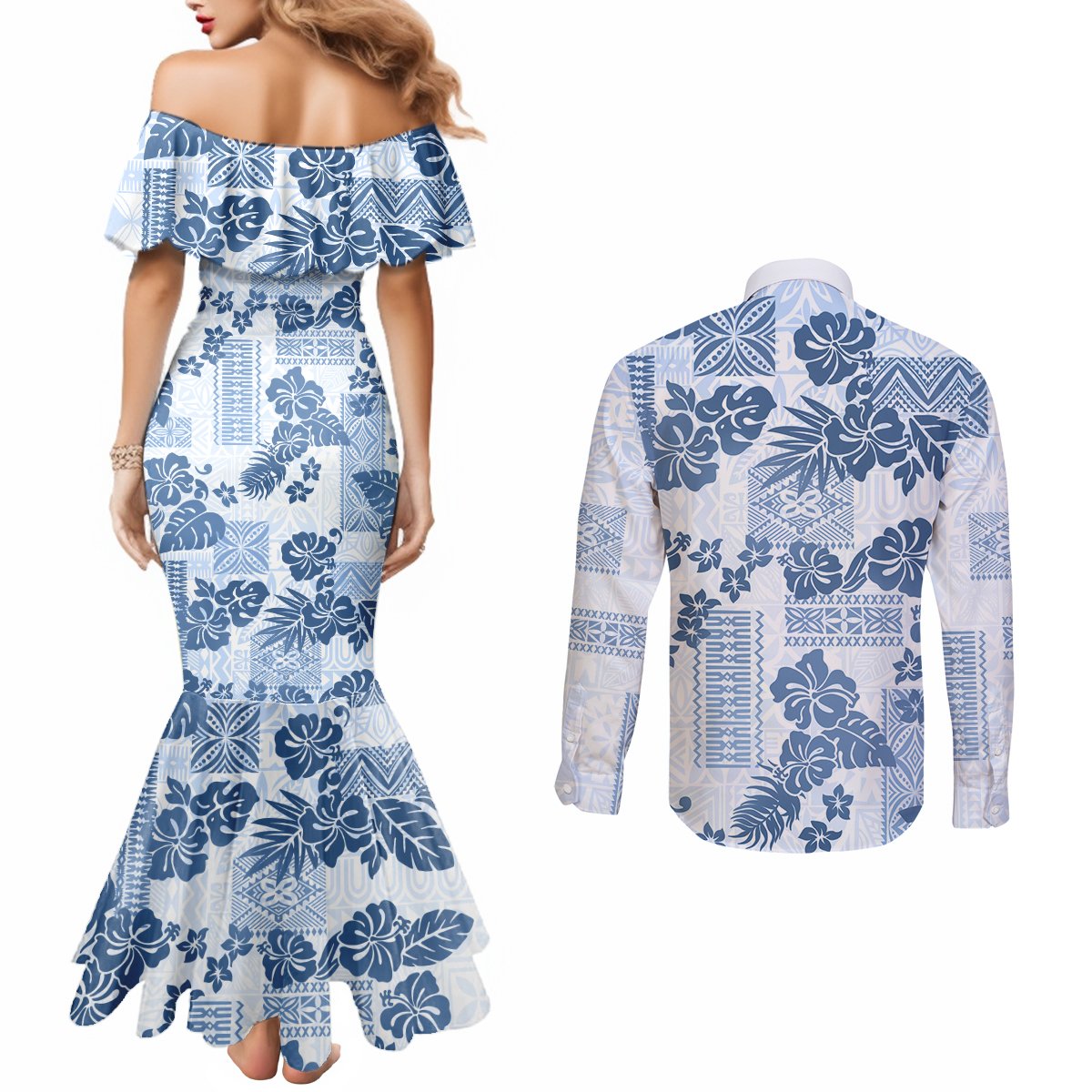 vintage-hawaii-couples-matching-mermaid-dress-and-long-sleeve-button-shirt-hibiscus-tapa-tribal-with-hawaiian-quilt-pattern-blue