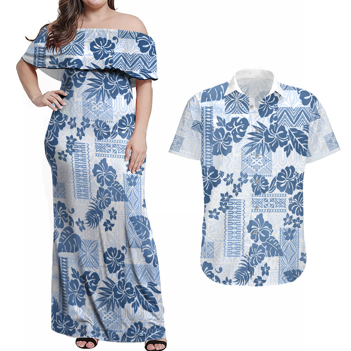Vintage Hawaii Couples Matching Off Shoulder Maxi Dress and Hawaiian Shirt Hibiscus Tapa Tribal With Hawaiian Quilt Pattern Blue LT9 - Wonder Print Shop