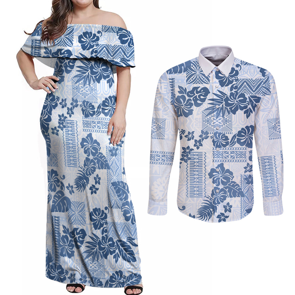 Vintage Hawaii Couples Matching Off Shoulder Maxi Dress and Long Sleeve Button Shirt Hibiscus Tapa Tribal With Hawaiian Quilt Pattern Blue LT9 - Wonder Print Shop