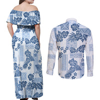 Vintage Hawaii Couples Matching Off Shoulder Maxi Dress and Long Sleeve Button Shirt Hibiscus Tapa Tribal With Hawaiian Quilt Pattern Blue LT9 - Wonder Print Shop