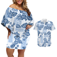Vintage Hawaii Couples Matching Off Shoulder Short Dress and Hawaiian Shirt Hibiscus Tapa Tribal With Hawaiian Quilt Pattern Blue LT9 - Wonder Print Shop
