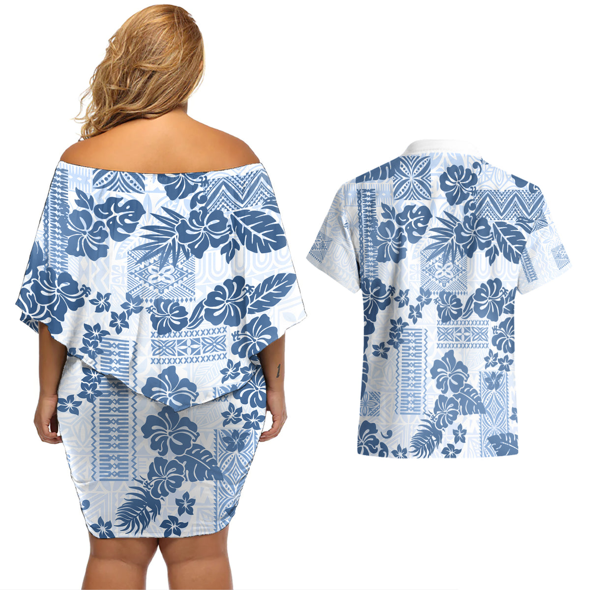 Vintage Hawaii Couples Matching Off Shoulder Short Dress and Hawaiian Shirt Hibiscus Tapa Tribal With Hawaiian Quilt Pattern Blue LT9 - Wonder Print Shop