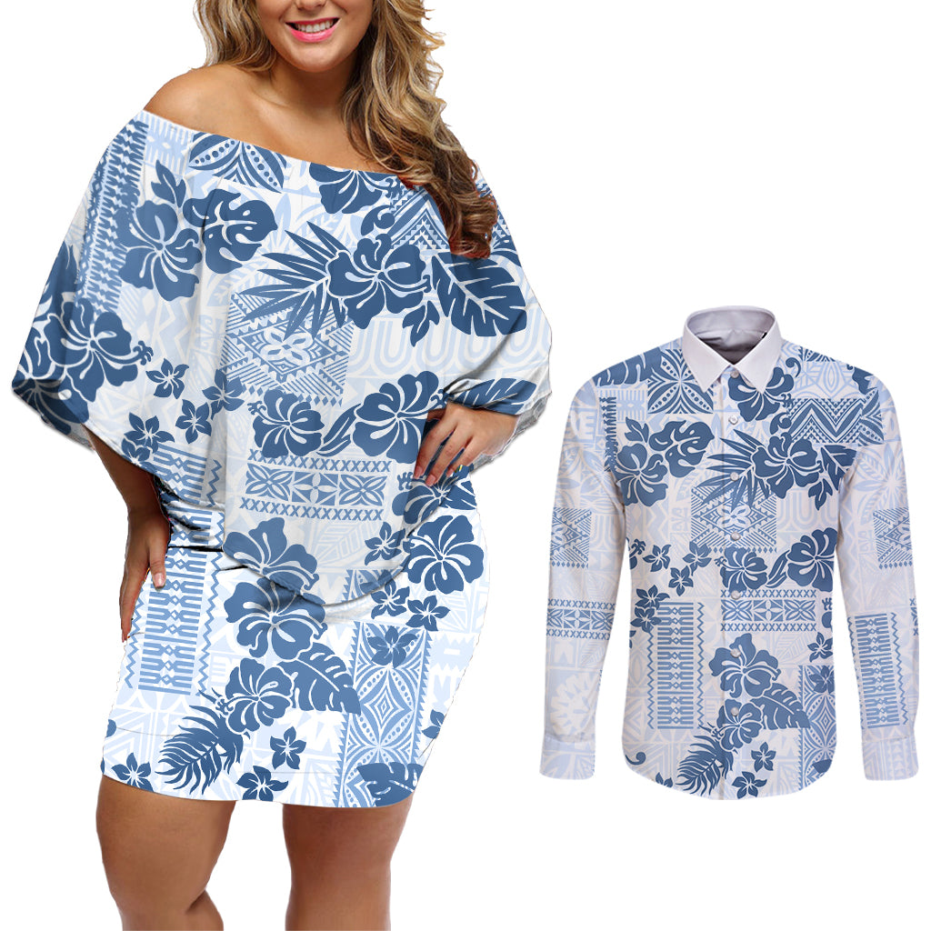Vintage Hawaii Couples Matching Off Shoulder Short Dress and Long Sleeve Button Shirt Hibiscus Tapa Tribal With Hawaiian Quilt Pattern Blue LT9 - Wonder Print Shop