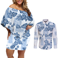 Vintage Hawaii Couples Matching Off Shoulder Short Dress and Long Sleeve Button Shirt Hibiscus Tapa Tribal With Hawaiian Quilt Pattern Blue LT9 - Wonder Print Shop