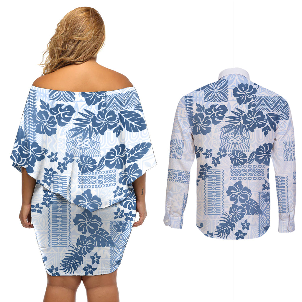 Vintage Hawaii Couples Matching Off Shoulder Short Dress and Long Sleeve Button Shirt Hibiscus Tapa Tribal With Hawaiian Quilt Pattern Blue LT9 - Wonder Print Shop