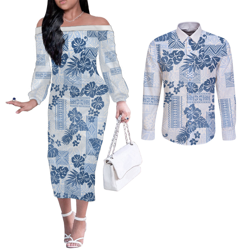 vintage-hawaii-couples-matching-off-the-shoulder-long-sleeve-dress-and-long-sleeve-button-shirt-hibiscus-tapa-tribal-with-hawaiian-quilt-pattern-blue