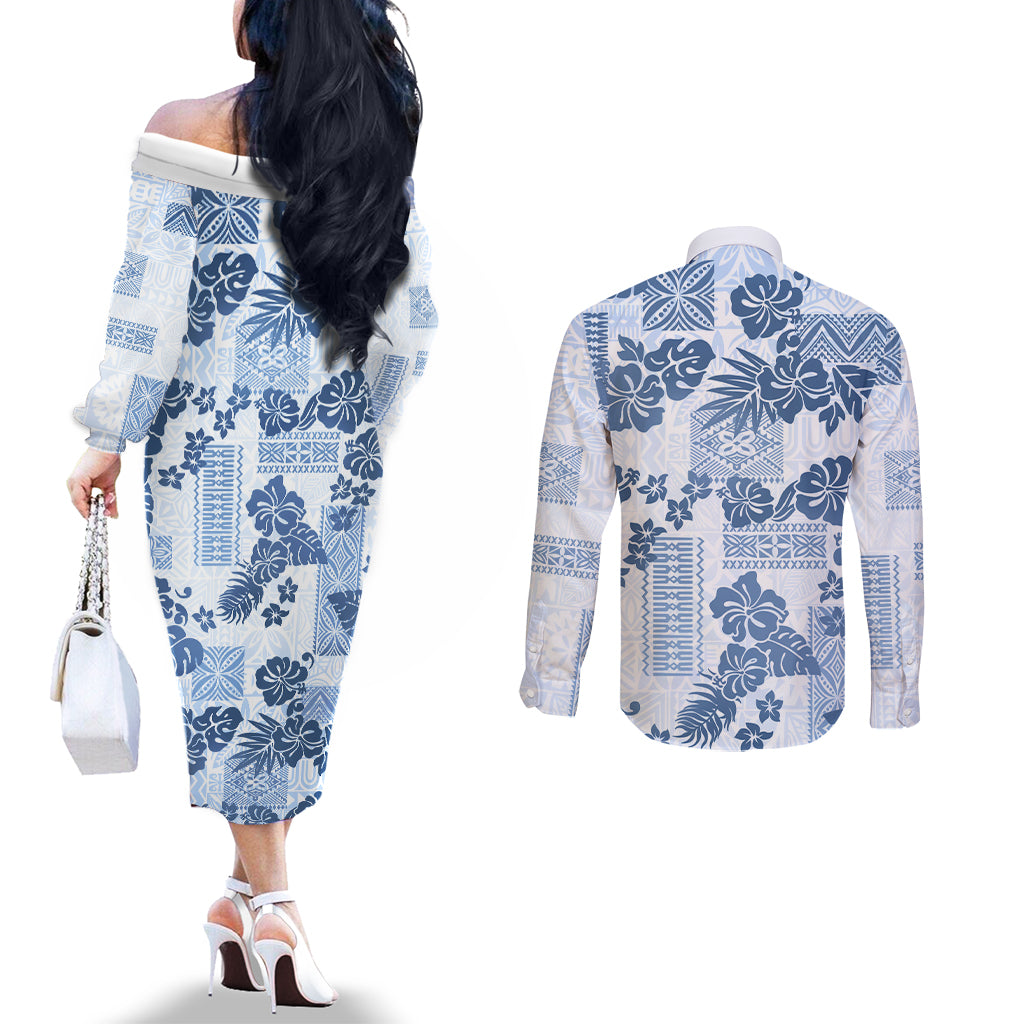 vintage-hawaii-couples-matching-off-the-shoulder-long-sleeve-dress-and-long-sleeve-button-shirt-hibiscus-tapa-tribal-with-hawaiian-quilt-pattern-blue