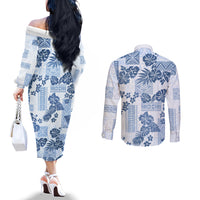 vintage-hawaii-couples-matching-off-the-shoulder-long-sleeve-dress-and-long-sleeve-button-shirt-hibiscus-tapa-tribal-with-hawaiian-quilt-pattern-blue