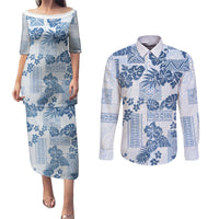 Vintage Hawaii Couples Matching Puletasi Dress and Long Sleeve Button Shirt Hibiscus Tapa Tribal With Hawaiian Quilt Pattern Blue LT9 - Wonder Print Shop