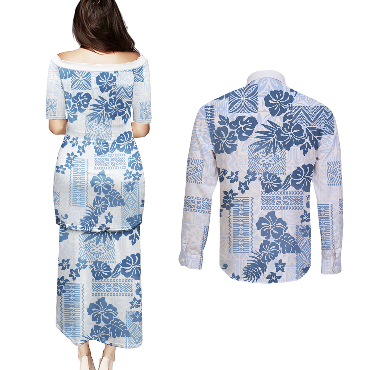 Vintage Hawaii Couples Matching Puletasi Dress and Long Sleeve Button Shirt Hibiscus Tapa Tribal With Hawaiian Quilt Pattern Blue LT9 - Wonder Print Shop