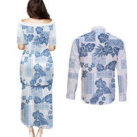 Vintage Hawaii Couples Matching Puletasi Dress and Long Sleeve Button Shirt Hibiscus Tapa Tribal With Hawaiian Quilt Pattern Blue LT9 - Wonder Print Shop