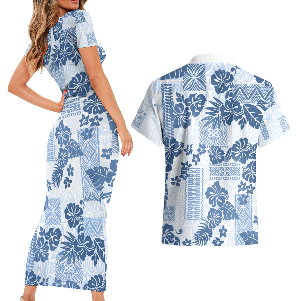 Vintage Hawaii Couples Matching Short Sleeve Bodycon Dress and Hawaiian Shirt Hibiscus Tapa Tribal With Hawaiian Quilt Pattern Blue LT9 - Wonder Print Shop