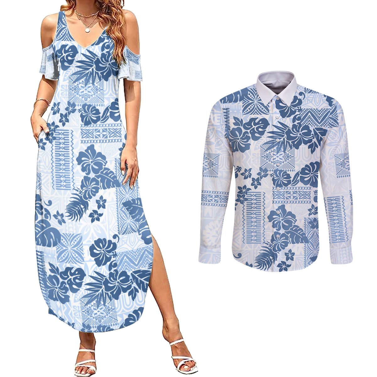 Vintage Hawaii Couples Matching Summer Maxi Dress and Long Sleeve Button Shirt Hibiscus Tapa Tribal With Hawaiian Quilt Pattern Blue LT9 - Wonder Print Shop