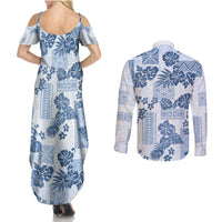 Vintage Hawaii Couples Matching Summer Maxi Dress and Long Sleeve Button Shirt Hibiscus Tapa Tribal With Hawaiian Quilt Pattern Blue LT9 - Wonder Print Shop