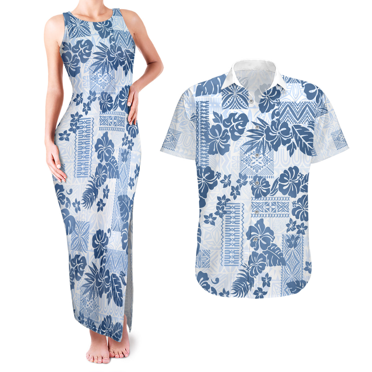 Vintage Hawaii Couples Matching Tank Maxi Dress and Hawaiian Shirt Hibiscus Tapa Tribal With Hawaiian Quilt Pattern Blue LT9 - Wonder Print Shop