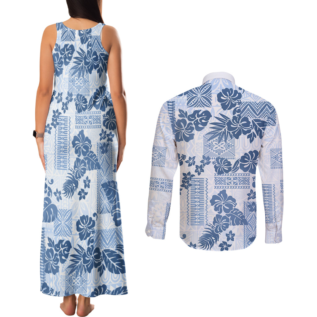 Vintage Hawaii Couples Matching Tank Maxi Dress and Long Sleeve Button Shirt Hibiscus Tapa Tribal With Hawaiian Quilt Pattern Blue LT9 - Wonder Print Shop