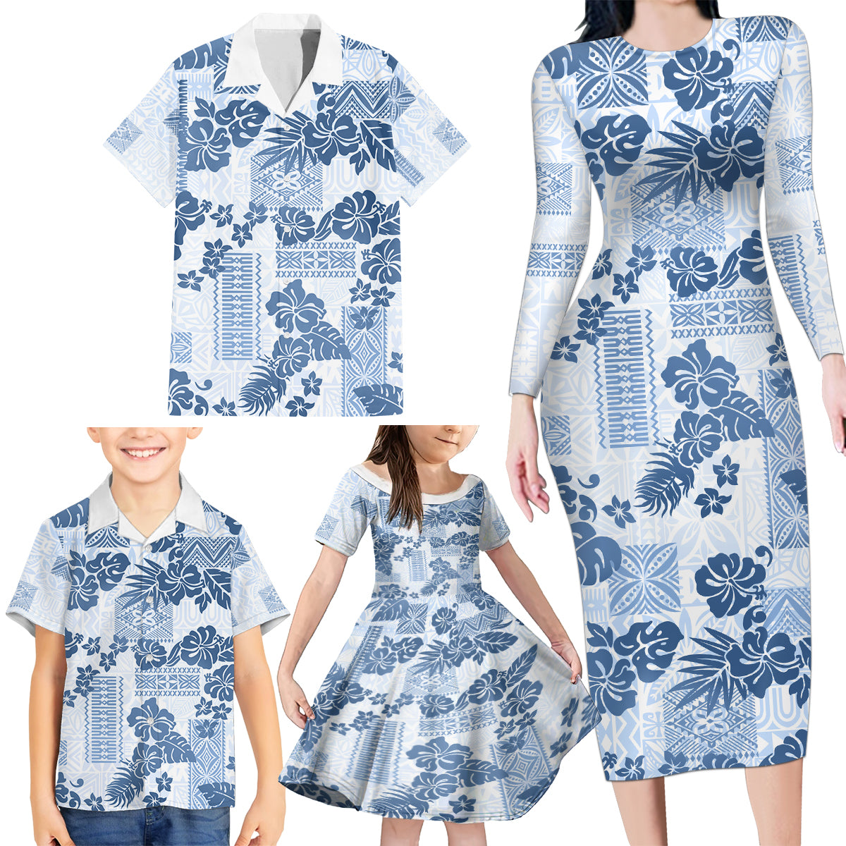 Vintage Hawaii Family Matching Long Sleeve Bodycon Dress and Hawaiian Shirt Hibiscus Tapa Tribal With Hawaiian Quilt Pattern Blue LT9 - Wonder Print Shop