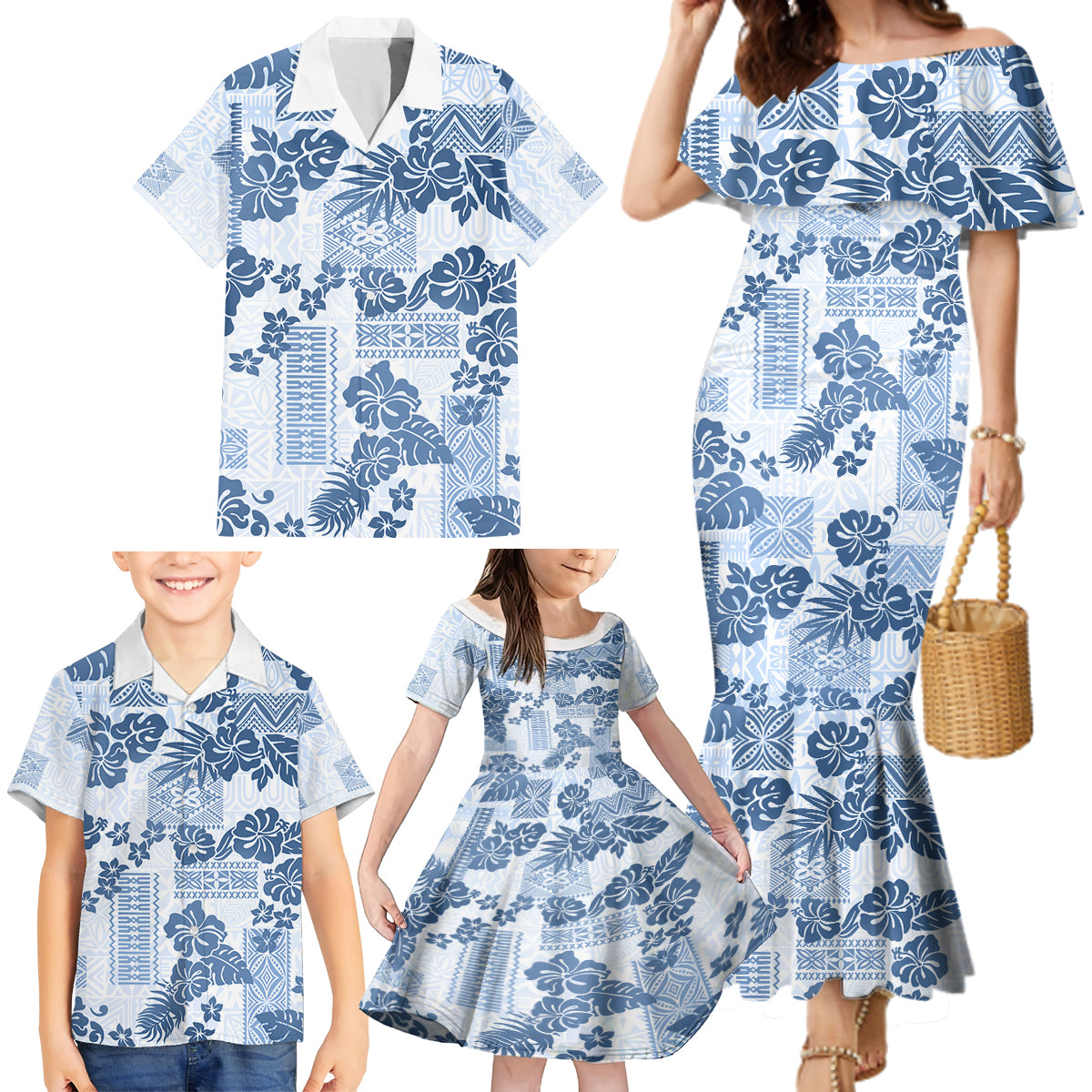 Vintage Hawaii Family Matching Mermaid Dress and Hawaiian Shirt Hibiscus Tapa Tribal With Hawaiian Quilt Pattern Blue LT9 - Wonder Print Shop