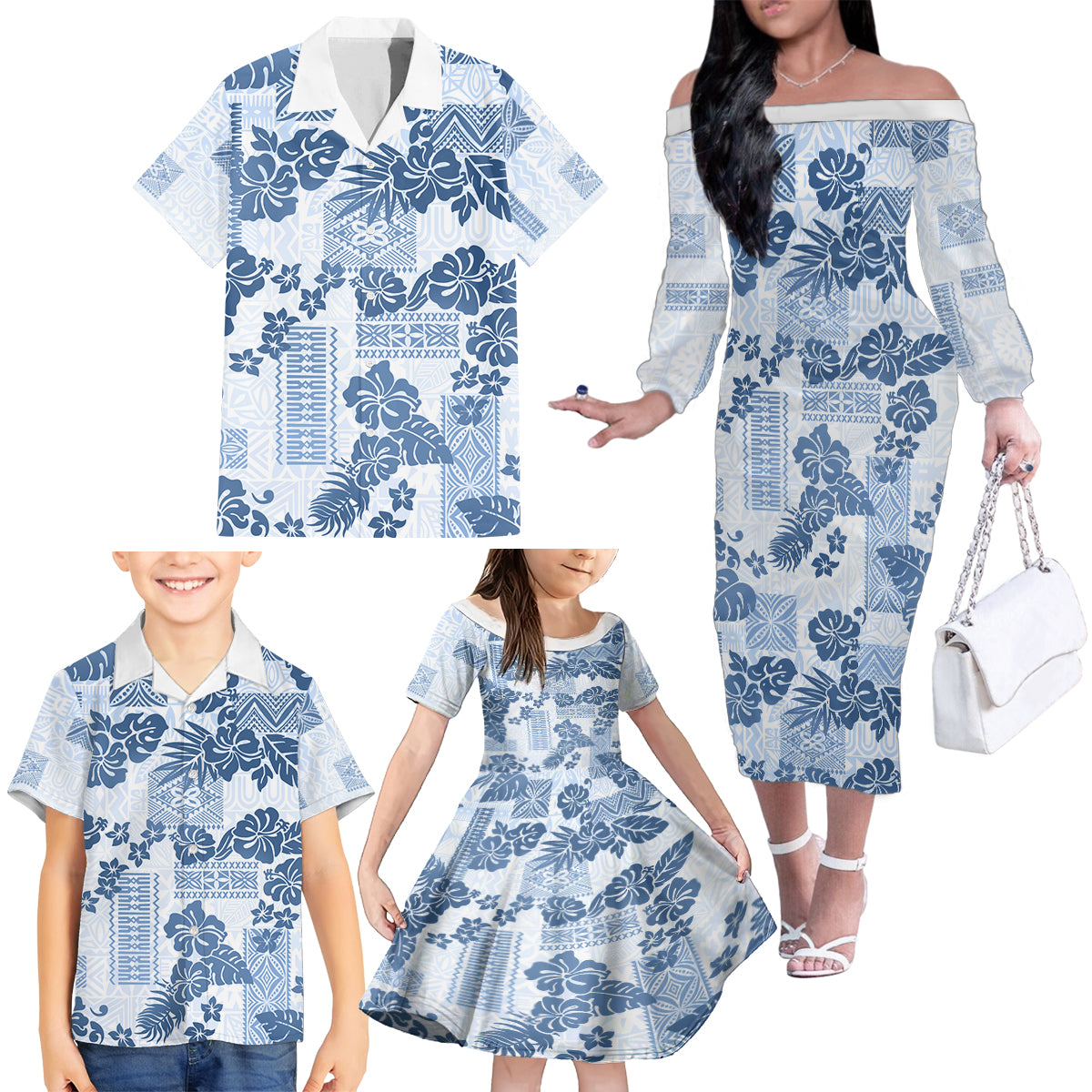 Vintage Hawaii Family Matching Off Shoulder Long Sleeve Dress and Hawaiian Shirt Hibiscus Tapa Tribal With Hawaiian Quilt Pattern Blue - Wonder Print Shop