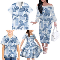 Vintage Hawaii Family Matching Off Shoulder Long Sleeve Dress and Hawaiian Shirt Hibiscus Tapa Tribal With Hawaiian Quilt Pattern Blue - Wonder Print Shop