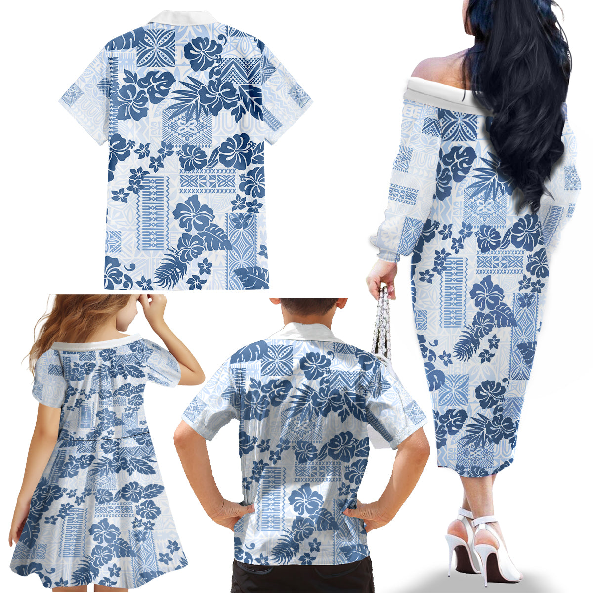 Vintage Hawaii Family Matching Off Shoulder Long Sleeve Dress and Hawaiian Shirt Hibiscus Tapa Tribal With Hawaiian Quilt Pattern Blue - Wonder Print Shop