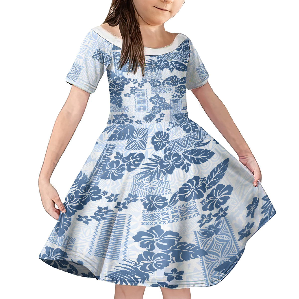 Vintage Hawaii Family Matching Off Shoulder Maxi Dress and Hawaiian Shirt Hibiscus Tapa Tribal With Hawaiian Quilt Pattern Blue LT9 - Wonder Print Shop