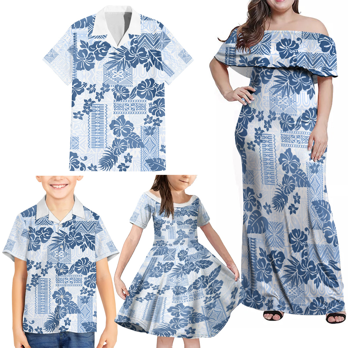 Vintage Hawaii Family Matching Off Shoulder Maxi Dress and Hawaiian Shirt Hibiscus Tapa Tribal With Hawaiian Quilt Pattern Blue LT9 - Wonder Print Shop