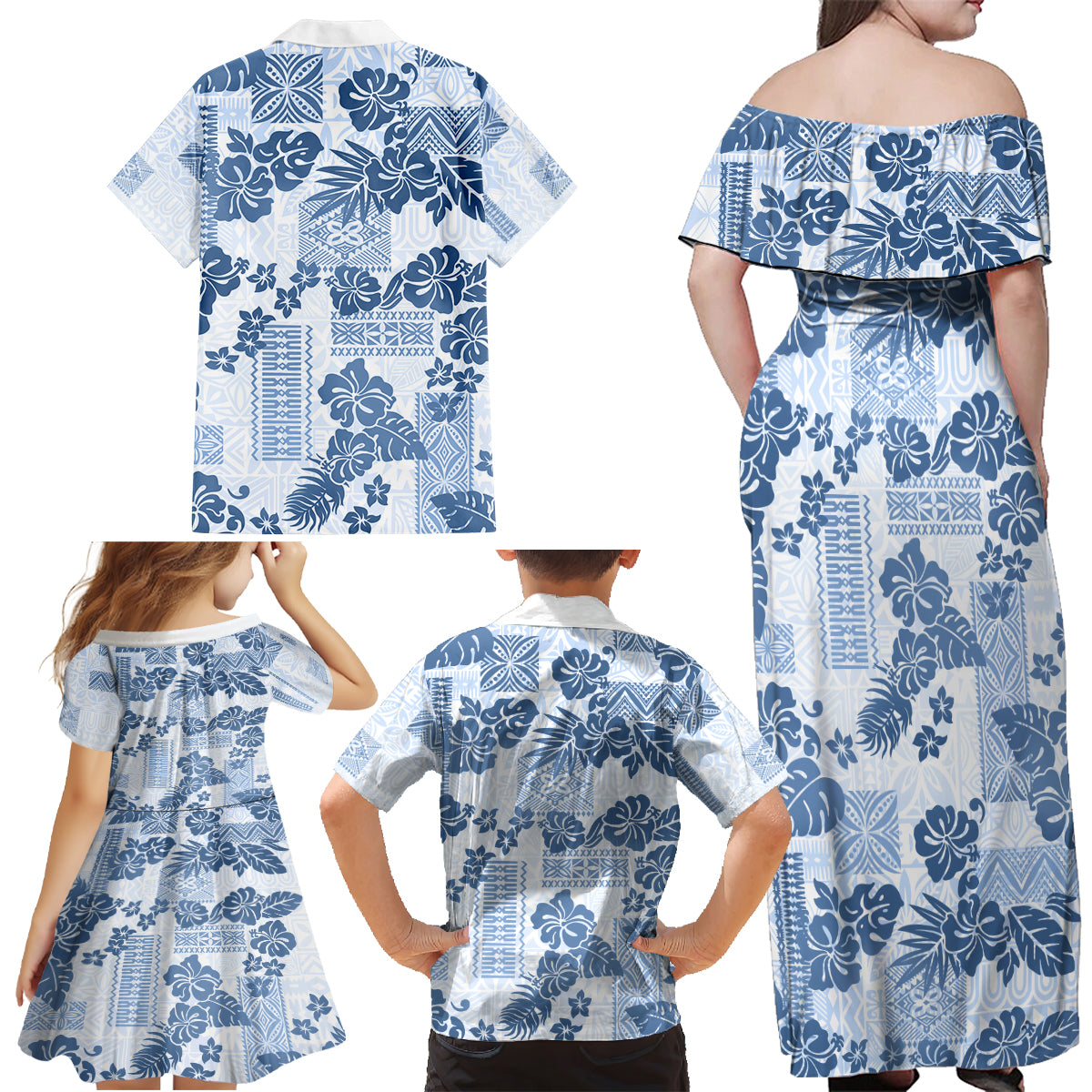 Vintage Hawaii Family Matching Off Shoulder Maxi Dress and Hawaiian Shirt Hibiscus Tapa Tribal With Hawaiian Quilt Pattern Blue LT9 - Wonder Print Shop