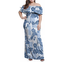 Vintage Hawaii Family Matching Off Shoulder Maxi Dress and Hawaiian Shirt Hibiscus Tapa Tribal With Hawaiian Quilt Pattern Blue LT9 - Wonder Print Shop