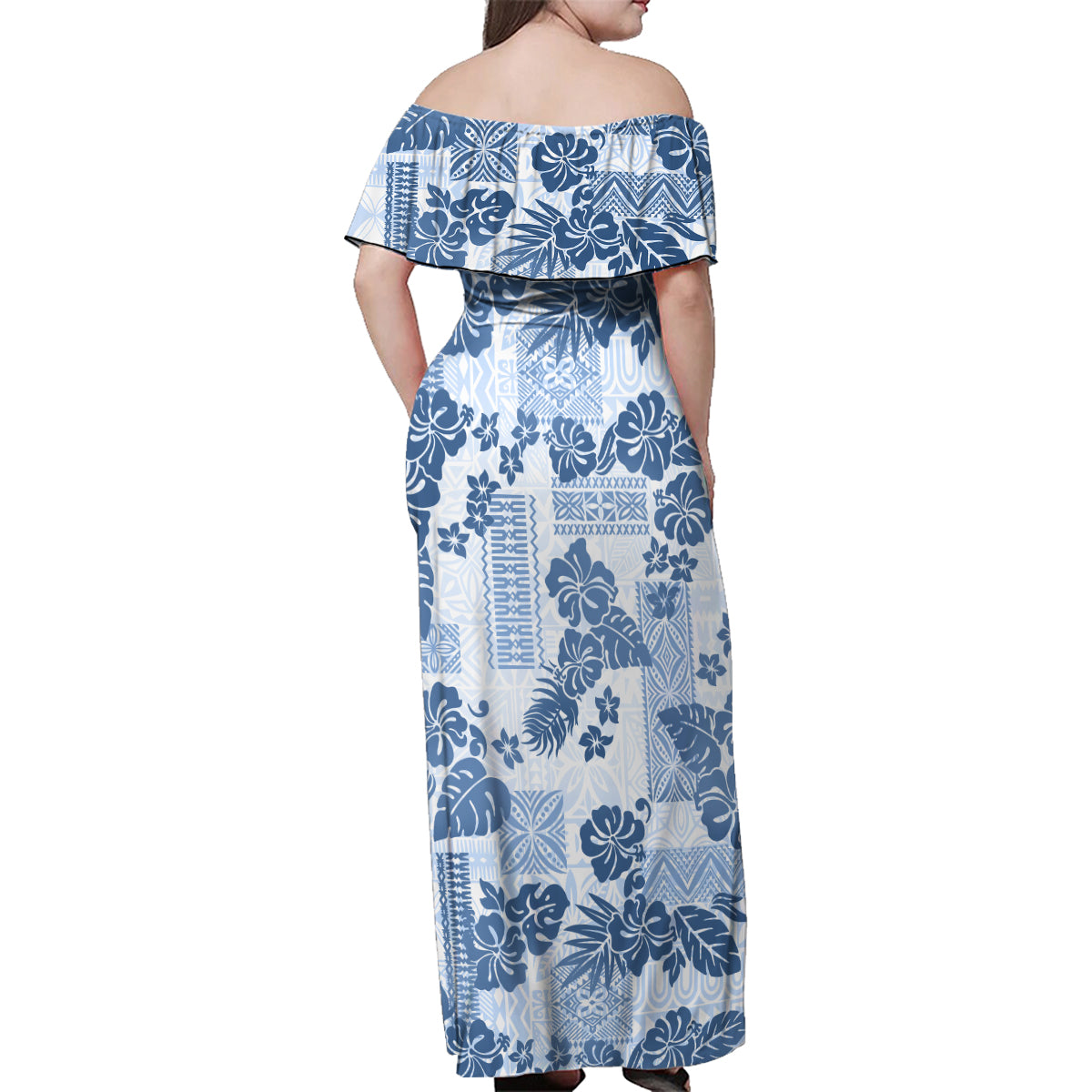 Vintage Hawaii Family Matching Off Shoulder Maxi Dress and Hawaiian Shirt Hibiscus Tapa Tribal With Hawaiian Quilt Pattern Blue LT9 - Wonder Print Shop