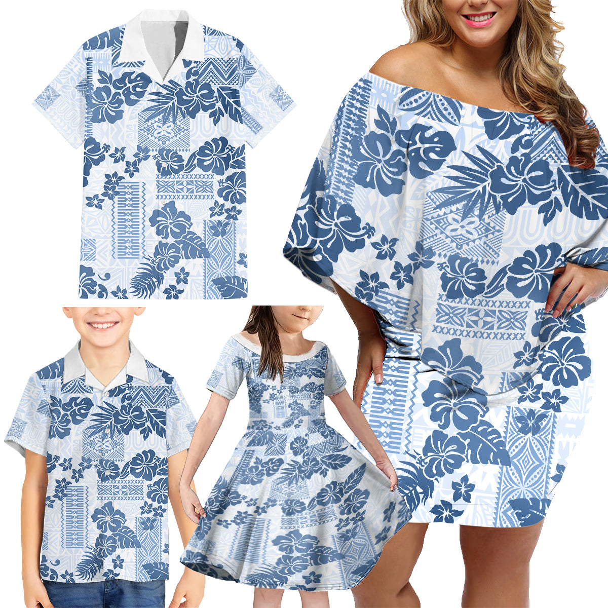 Vintage Hawaii Family Matching Off Shoulder Short Dress and Hawaiian Shirt Hibiscus Tapa Tribal With Hawaiian Quilt Pattern Blue LT9 - Wonder Print Shop