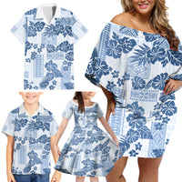 Vintage Hawaii Family Matching Off Shoulder Short Dress and Hawaiian Shirt Hibiscus Tapa Tribal With Hawaiian Quilt Pattern Blue LT9 - Wonder Print Shop