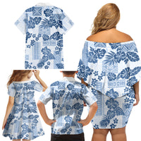 Vintage Hawaii Family Matching Off Shoulder Short Dress and Hawaiian Shirt Hibiscus Tapa Tribal With Hawaiian Quilt Pattern Blue LT9 - Wonder Print Shop