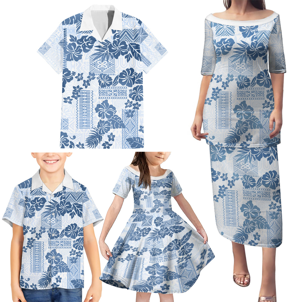 Vintage Hawaii Family Matching Puletasi Dress and Hawaiian Shirt Hibiscus Tapa Tribal With Hawaiian Quilt Pattern Blue - Wonder Print Shop