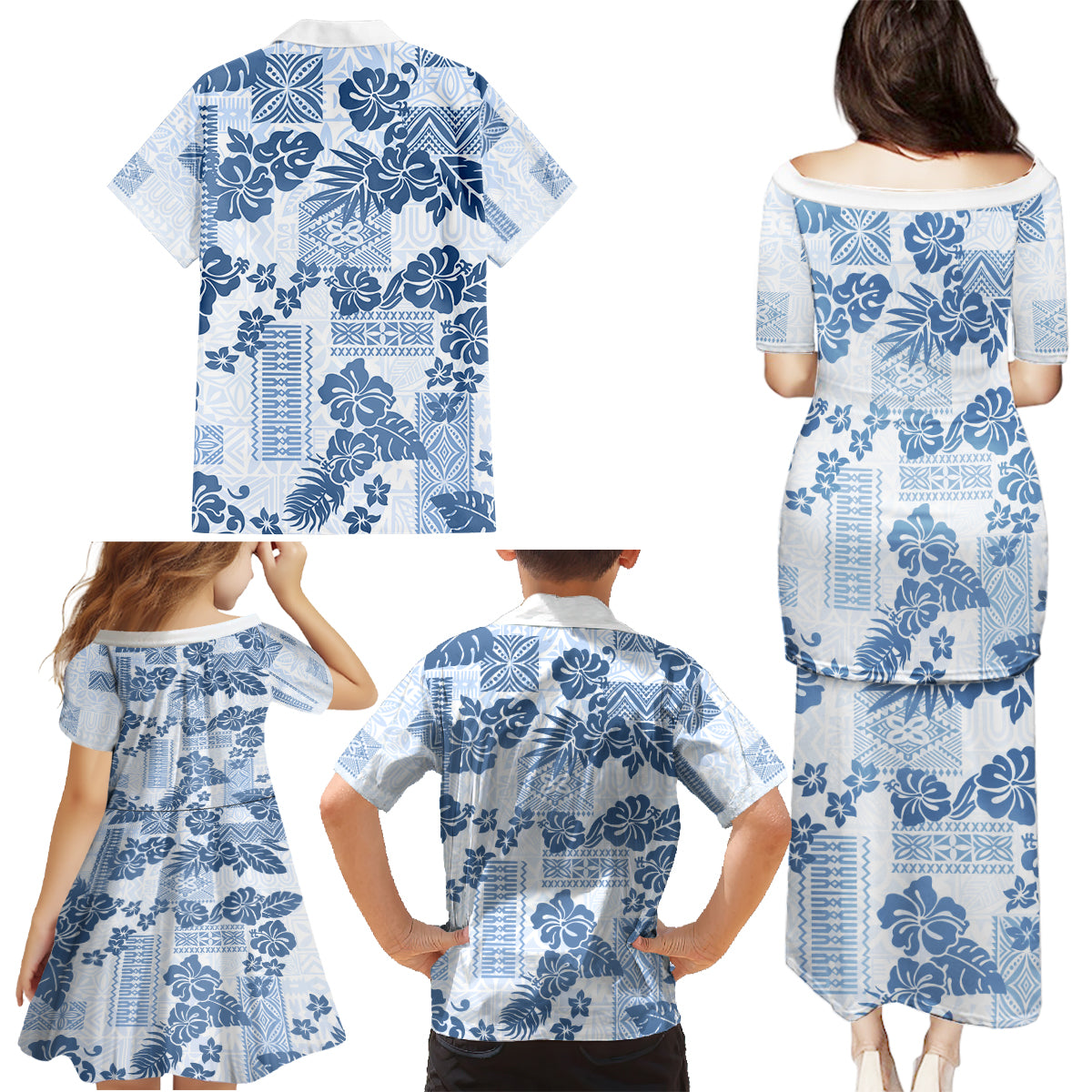 Vintage Hawaii Family Matching Puletasi Dress and Hawaiian Shirt Hibiscus Tapa Tribal With Hawaiian Quilt Pattern Blue - Wonder Print Shop